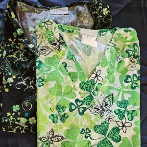 Green Clover & Butterfly Scrub Top - Vibrant Shamrock Print